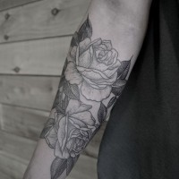 Black gray lines roses forearm tattoo