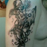 Black gray mermaid tattoo on arm