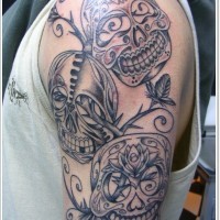 Tatuaje en el brazo, cráneos mexicanos entre tallos