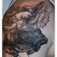 Black gray saint michael tattoo on half sleeve