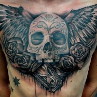 Black gray winged skull with roses and clock chest tattoo