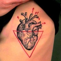 Black heart and red triangle tattoo on ribs