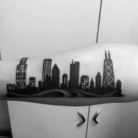 Black ink amazing looking night city sights tattoo on forearm