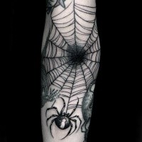 Black ink amazing looking spider tattoo on forearm stylized with spider web