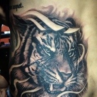 Black ink back tattoo of tiger head