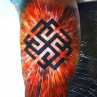 Black ink biceps tattoo of big black stylized with dark symbol