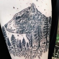 Black ink big amazing looking bear head with forest tattoo on arm