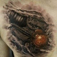 Black ink biomechanical style chest tattoo of heart