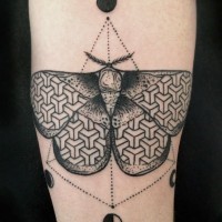 Tatuaje en el brazo, polilla negra, símbolos de luna