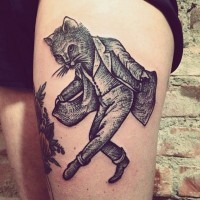 Black ink cat curtsies tattoo on thigh