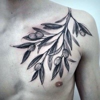 Black ink chest tattoo of big olive branch