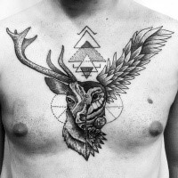 Black ink chest tattoo of engraving style deer with owl