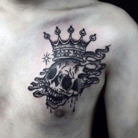 Black ink chest tattoo of human skull with crown