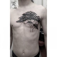 Black ink chest tattoo of simple big tree