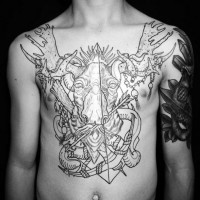 Black ink detailed elk tattoo on chest with anchor and arrows