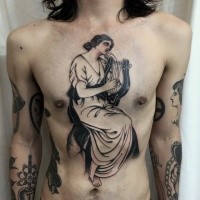 Black ink detailed looking chest tattoo of old woman with harp