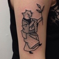 Black ink detailed shoulder tattoo of Asian cat with plant