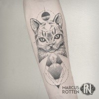 Black ink dot style forearm tattoo of nice cat with various ornaments