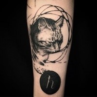 Black ink dot style forearm tattoo of cat with big symbol