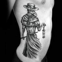 Black ink dot style plague doctor tattoo on side