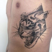 Black ink dot style side tattoo of roaring tiger with big teeth