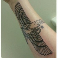Black ink egyptian deity forearm tattoo