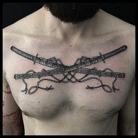 Black ink engraving style chest tattoo of crossed samurai swords