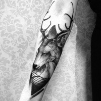 Black ink engraving style forearm tattoo of big deer