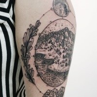 Black ink engraving style shoulder tattoo of mountains picture with moon