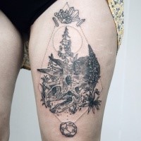 Black ink engraving style thigh tattoo of dinosaur skull and plants