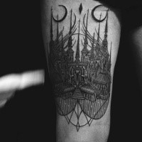 Black ink engraving style thigh tattoo of fantasy Cathedral