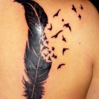 Black ink feather tattoo with many birds