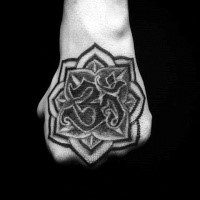 Black ink fist tattoo of flower with Asian symbol