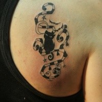 Black ink for girls style black ink scapular tattoo of funny cat with ghosts