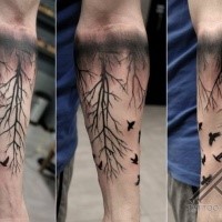 Black ink forearm tattoo of black forest with birds