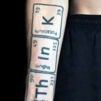 Black ink forearm tattoo of chemistry elements with lettering