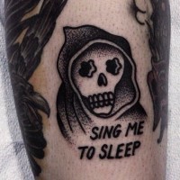 Black ink grim reaper with writings tattoo