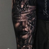 Black ink half sleeve tattoo of creepy bloody woman face with hand and rose