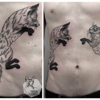 Black ink illustrative style belly tattoo of fox and rabbit