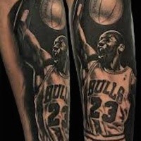 Black ink illustrative style forearm tattoo of air Jordan