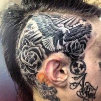 Black ink illustrative style head tattoo of flying eagle with rose
