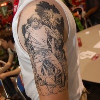 Schwarze Tinte illustrativer Stil Mann mit Zombies Tattoo an der Schulter