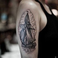 Black ink illustrative style shoulder tattoo of beautiful sailing ship