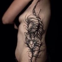 Black ink illustrative style side tattoo of cool tiger