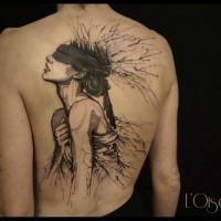 Black ink incredible looking mystical woman tattoo on whole back