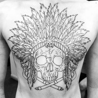Black ink large chest tattoo of Indian skeleton with crossed swords