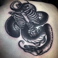 Black ink large engraving style back tattoo of human skeleton bones and snake