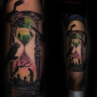 Schwarzes Bein Tattoo von Sandborduhr mit Vögeln und Lebensdauer