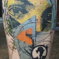 Black ink leg tattoo of various figures and human eye