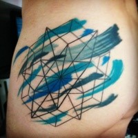Black ink line work thigh tattoo of symbol with colored lines